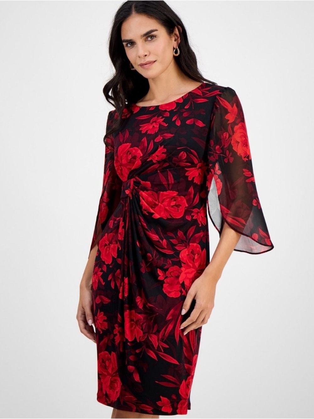 connected apparel Black & Red Floral Twist-Front Sheath Dress